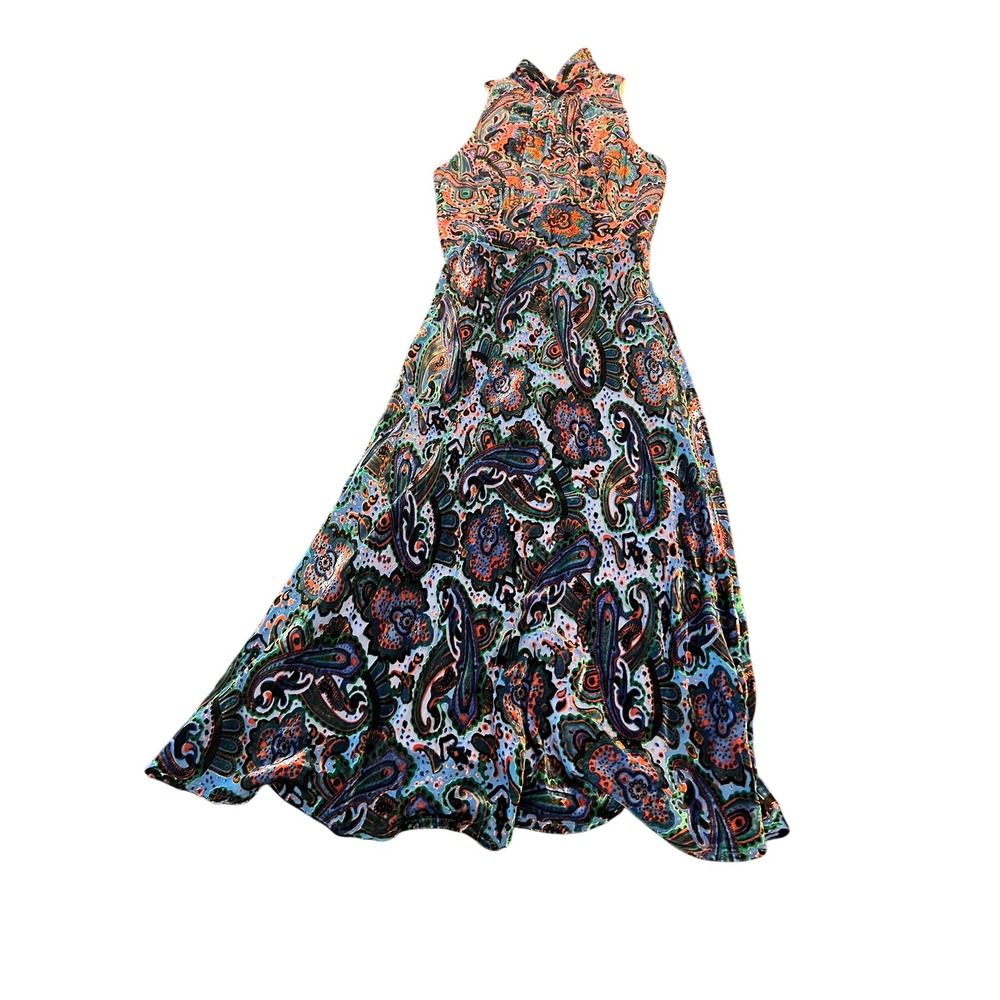 Moulinette Soeurs Anthropologie Velvet Paisley Halter Midi Dress Blue Orange 2